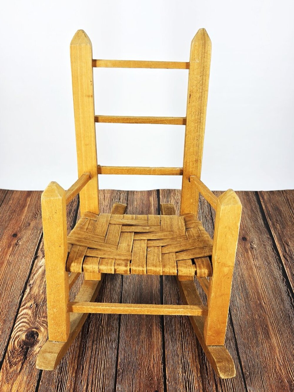 Rough Hewn Light Wood 1980 Woven Split Bottom Country Doll Rocker 14.5" Handmade